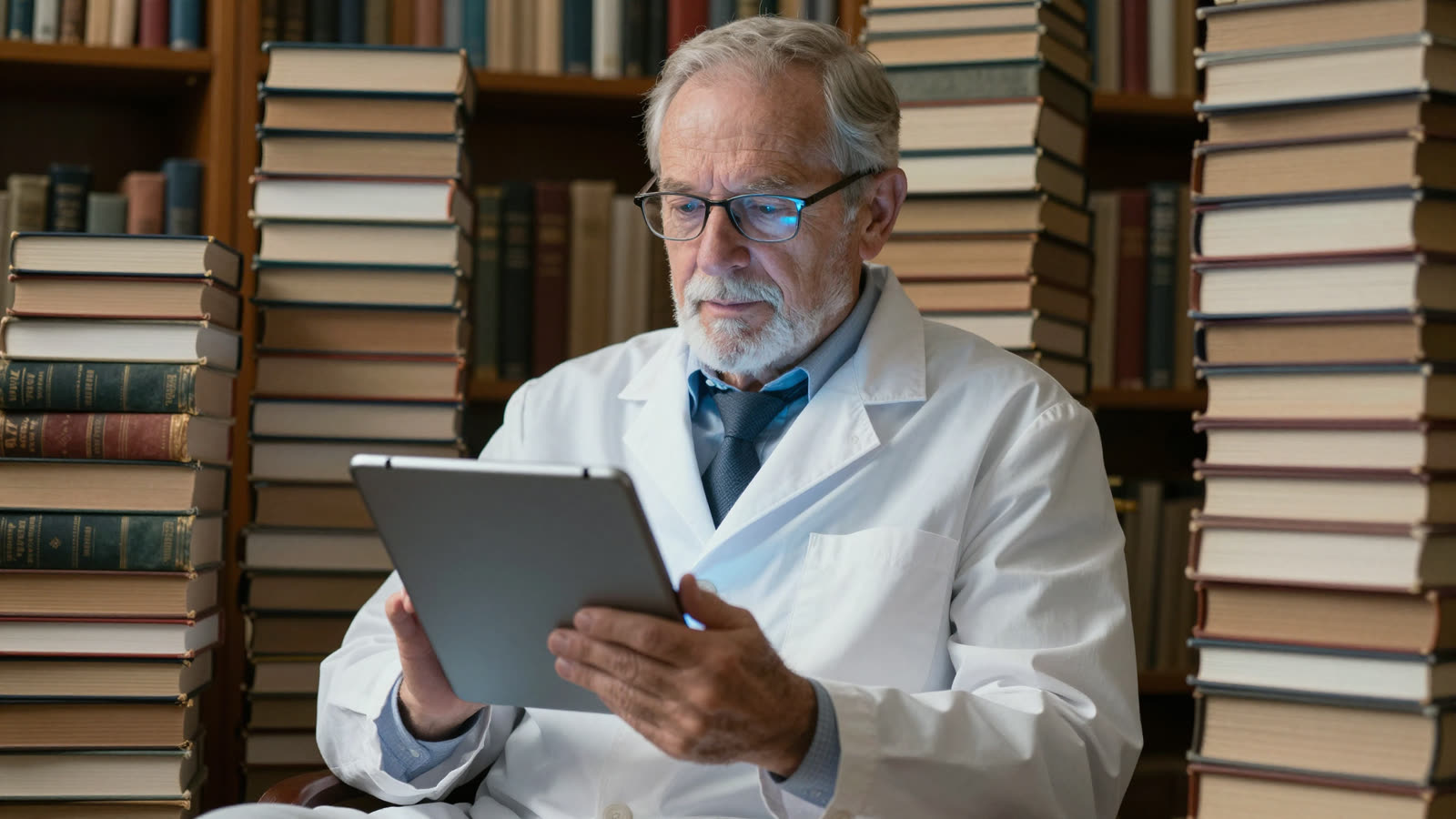 Focused older researcher in a library using a glowing tablet amidst vintage books.