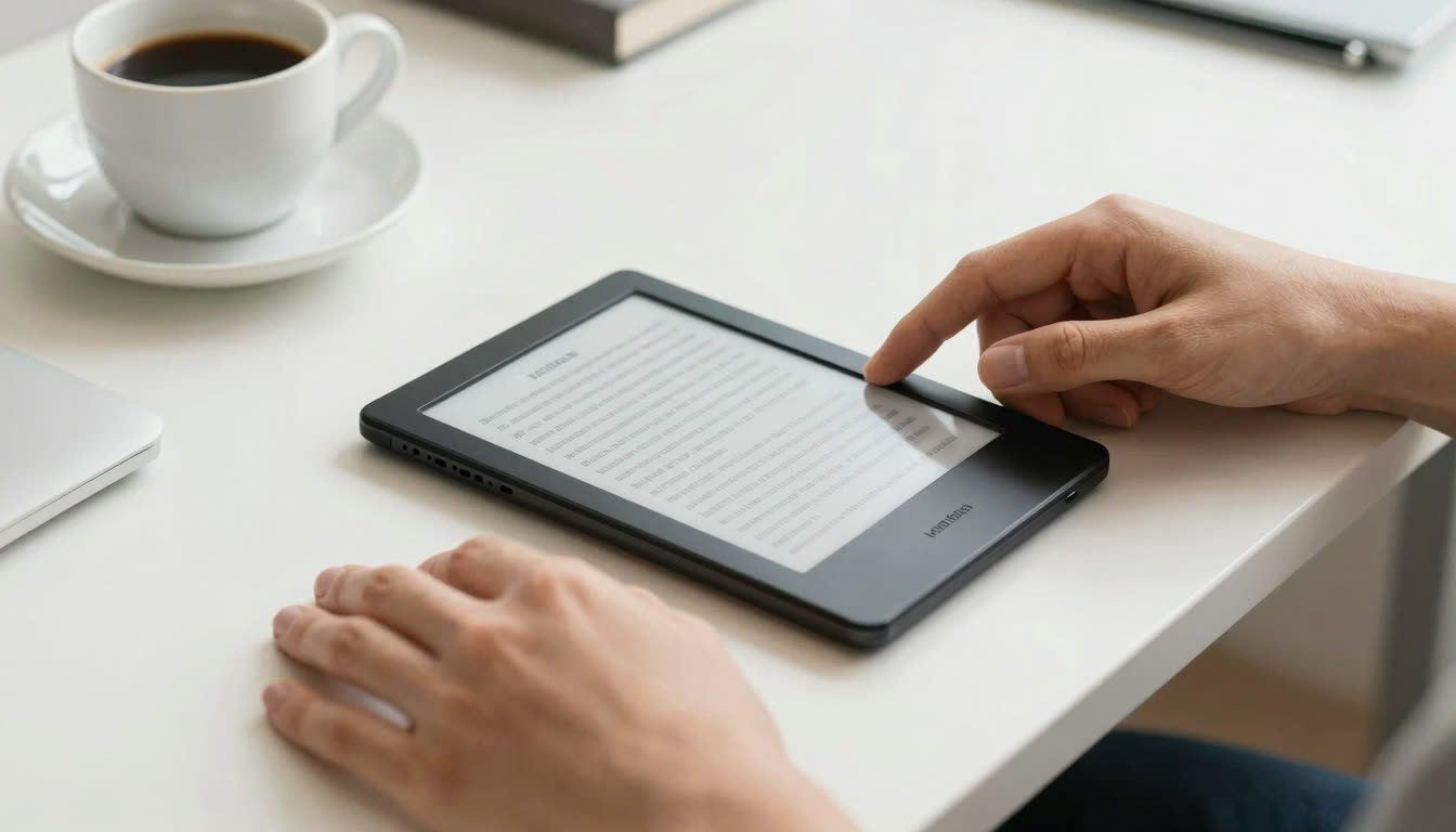 A sleek modern e-reader on a clean desk in a bright minimal room