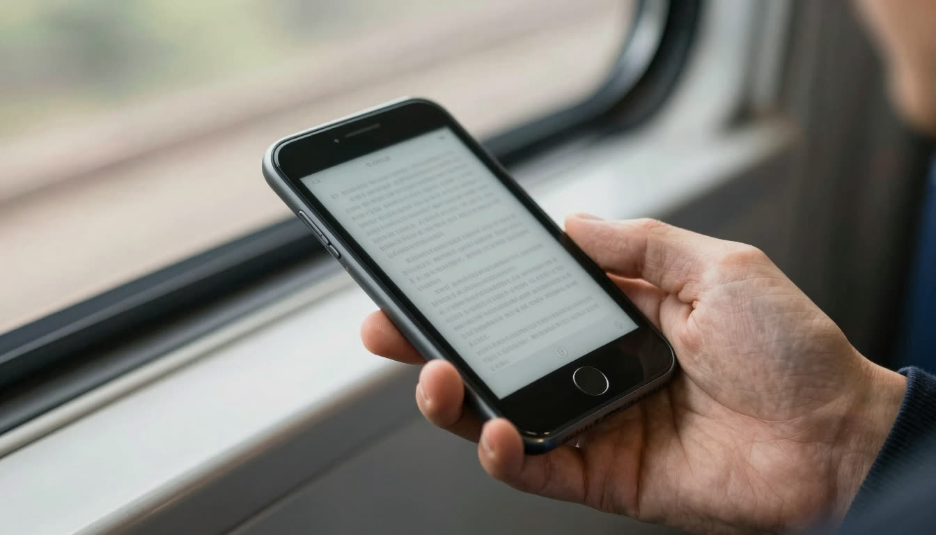 A person's hand holding a phone with a textured e-ink screen attachment on a passenger train.