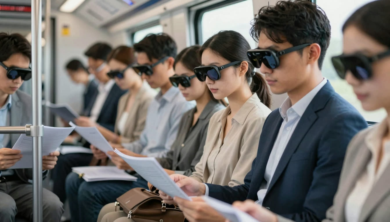 Commuters on a train using augmented reality glasses to rapidly process professional documents.