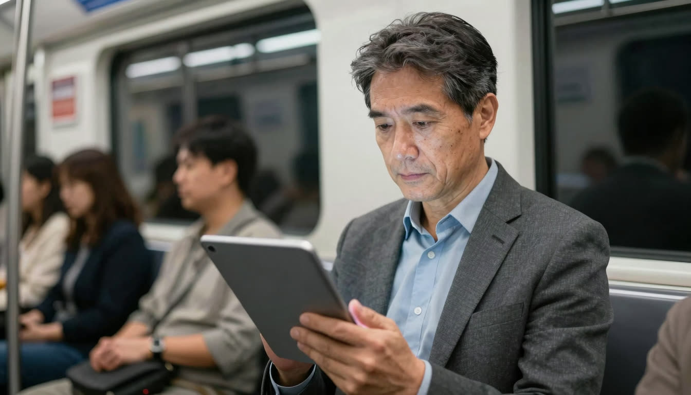 Sharp focus on a commuter's face reading a tablet while the subway train background is blurred.