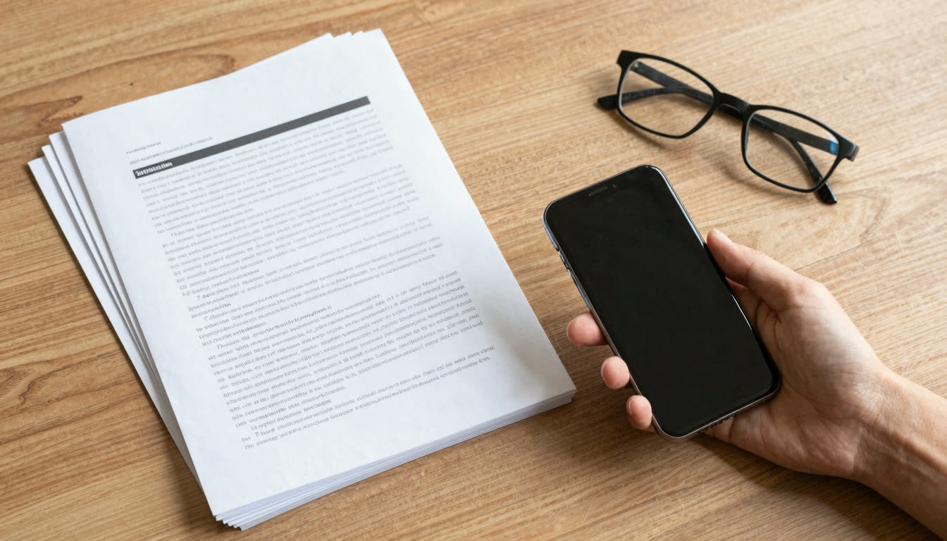 Printed documents next to a phone and reading glasses on a desk