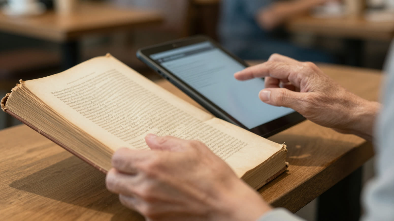 Hands holding an old manuscript next to a digital reader in a cafe.