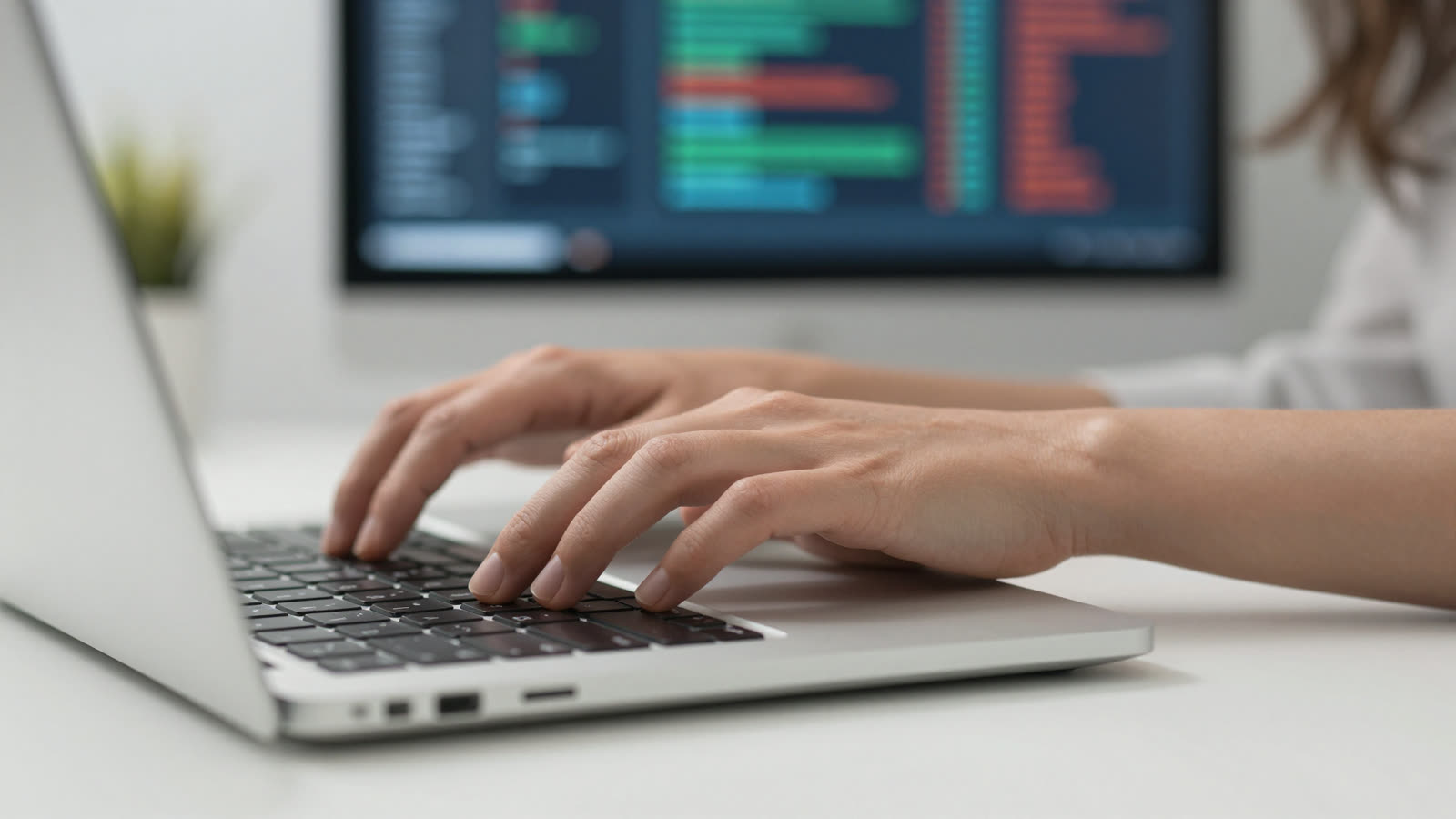 Professional woman working at a laptop with digital data represented in the soft-focus background.