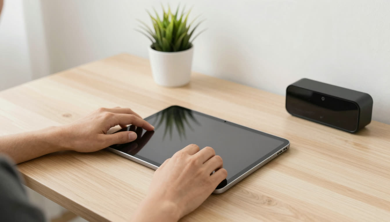 A calm distraction-free study desk with a tablet, plant, and timer