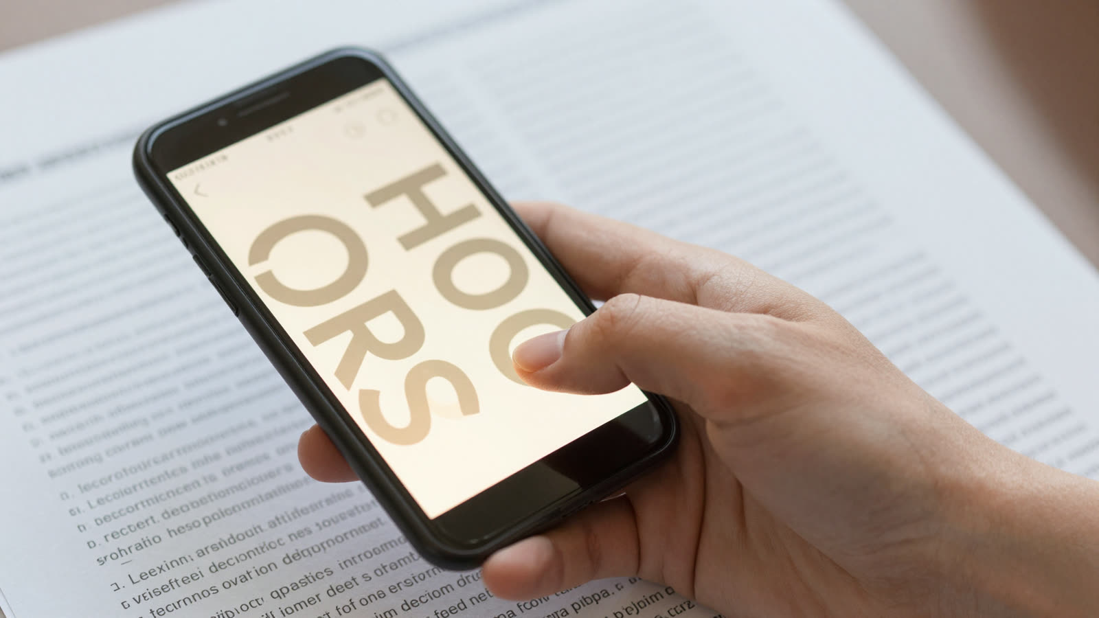 Smartphone screen showing bolded word fragments over an academic paper