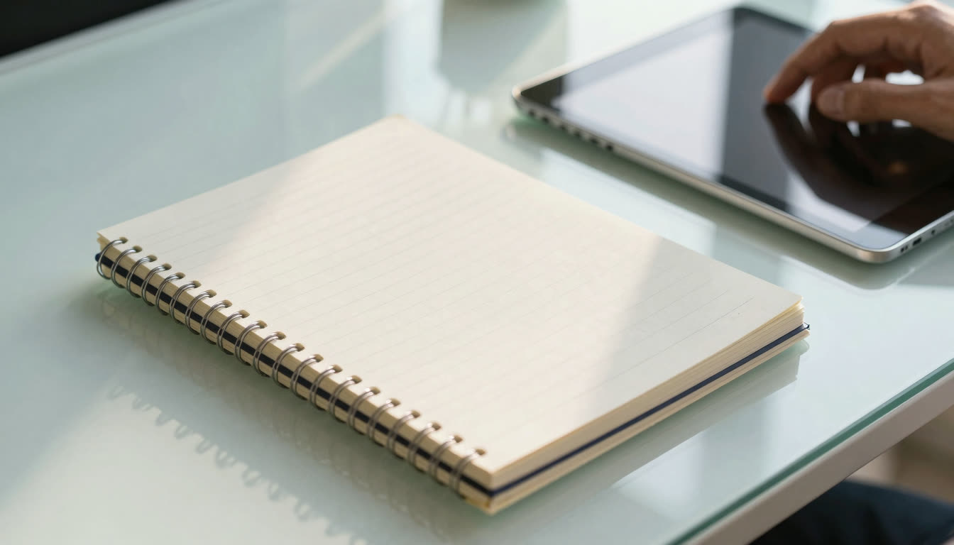 Digital tablet and notebook on a clean glass desk.