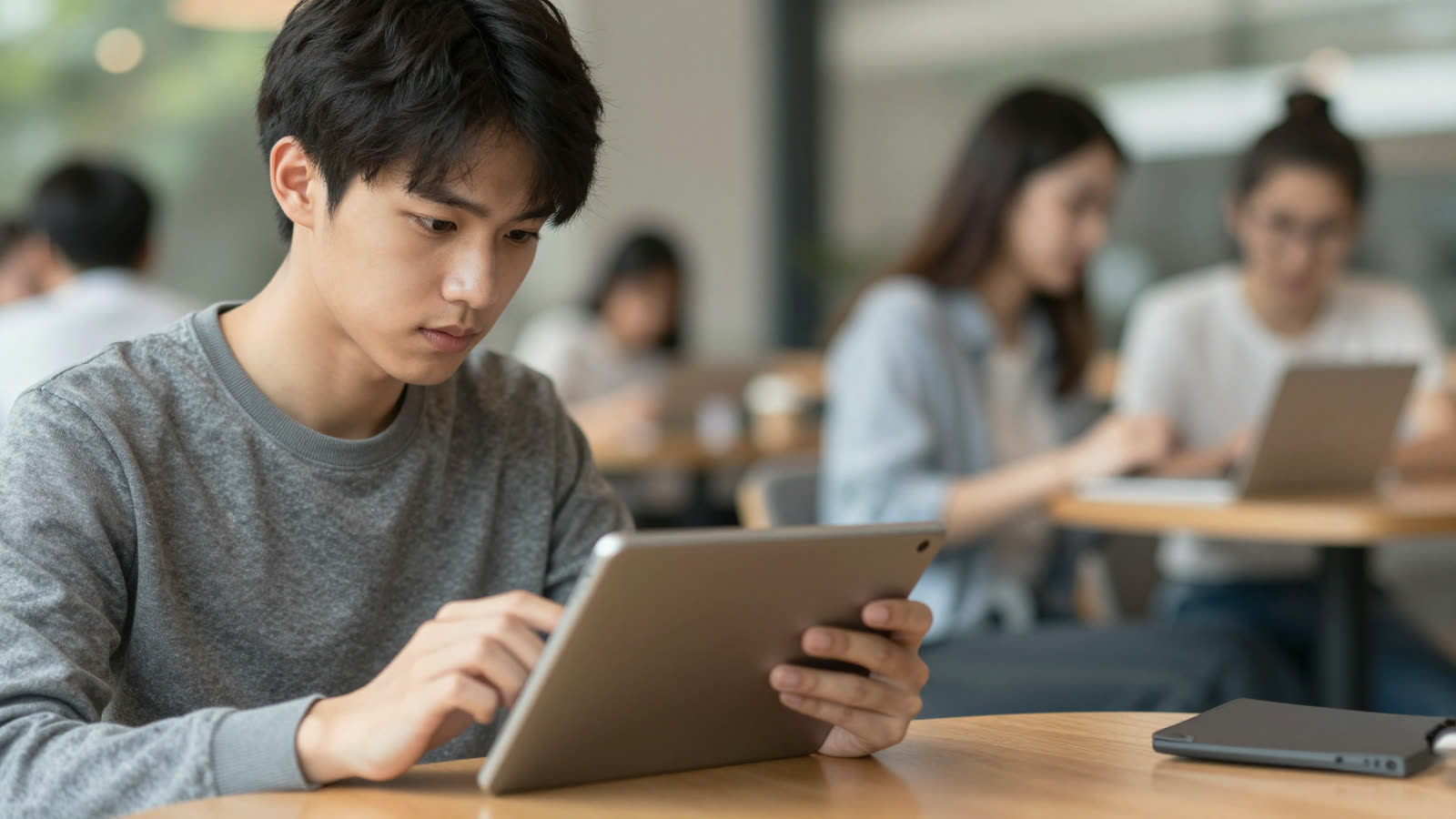 University student intensely focused on a digital tablet in a busy campus café.
