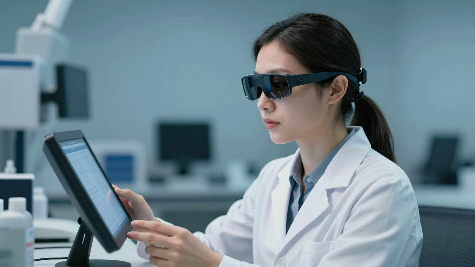 Professional woman wearing eye-tracking glasses while reading from a digital screen.