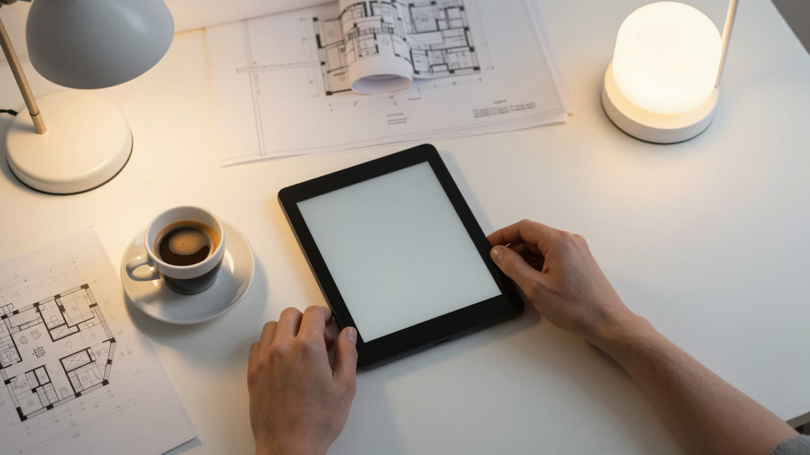 A top-down shot of a digital e-reader, espresso, and professional blueprints on a wooden desk.
