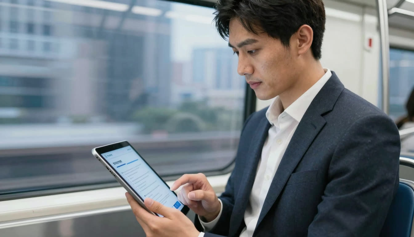 Professional commuter focusing on a tablet screen while traveling on a modern subway train.