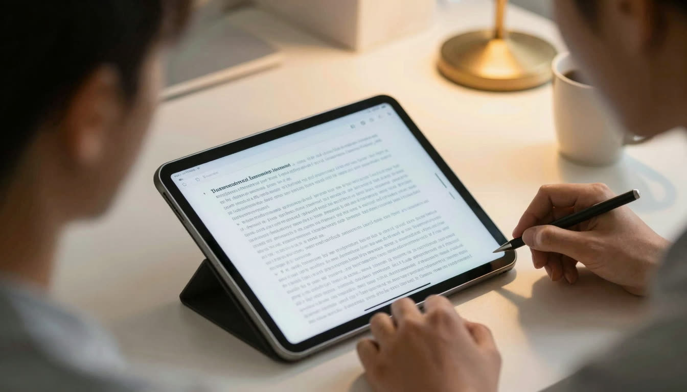 Over-the-shoulder view of a tablet displaying bionic text under warm desk lighting