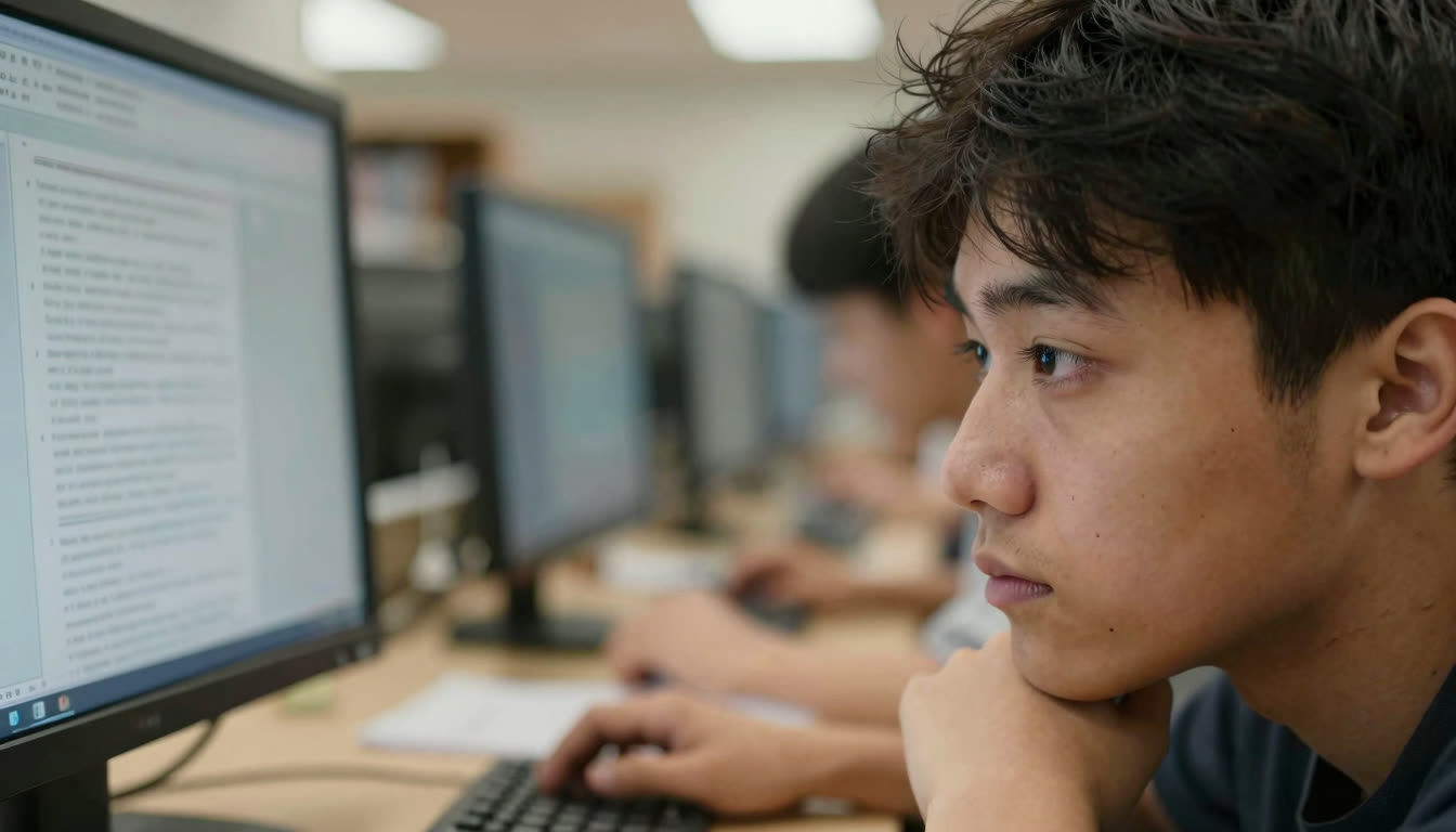 Student eyes reflecting blurred text from a computer screen.