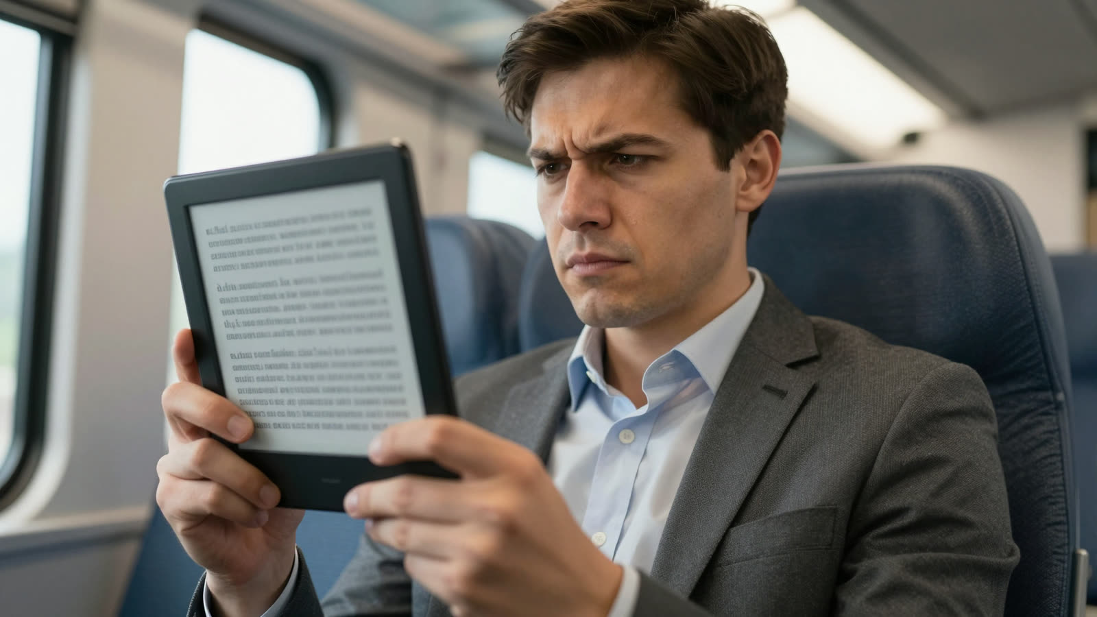 Commuter looking skeptical at a tablet screen displaying bolded text on a train.
