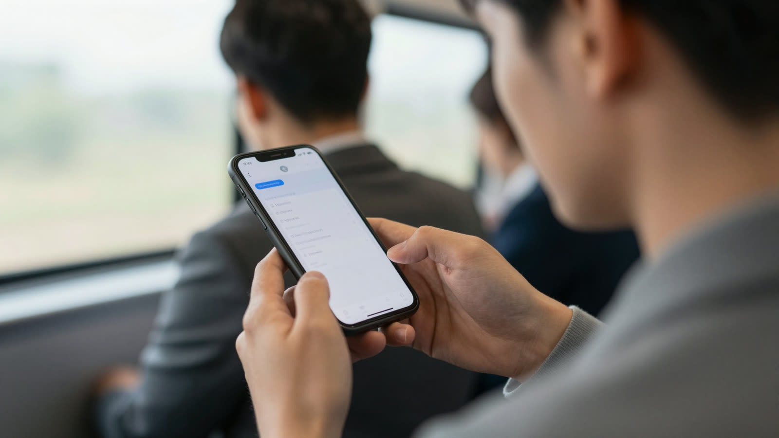 Commuter on a train focused on a smartphone screen showing highlighted reading text.