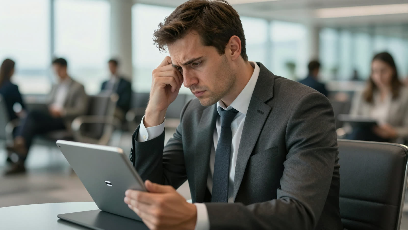 Distracted lawyer struggling with single-word RSVP reading on a tablet in an airport.