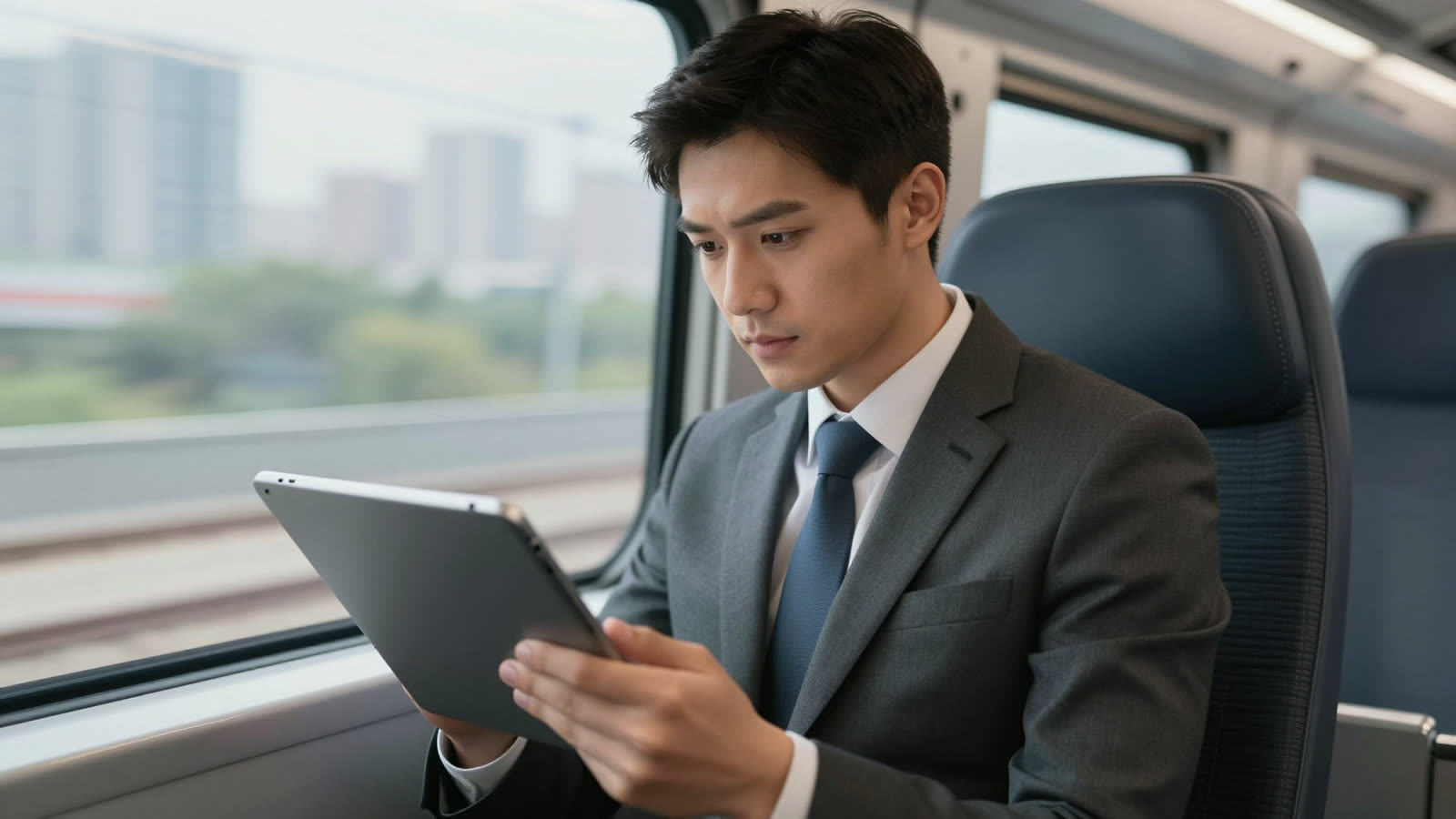 A person using a tablet on a fast-moving train with a blurred city background.