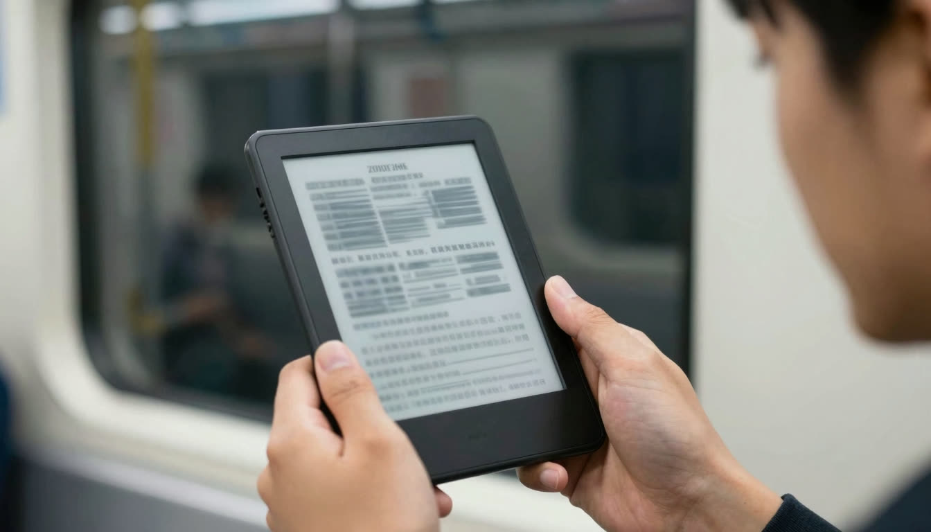 A person's hands holding an e-reader on a moving train with motion-blurred windows.