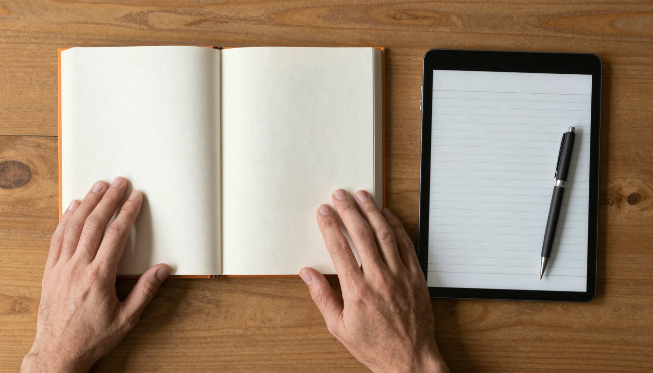 An open book beside a tablet and a notebook on a wooden table