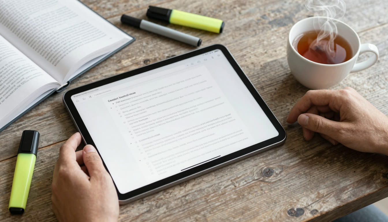 A top-down view of a tablet, an open book, and study supplies on a wooden desk.