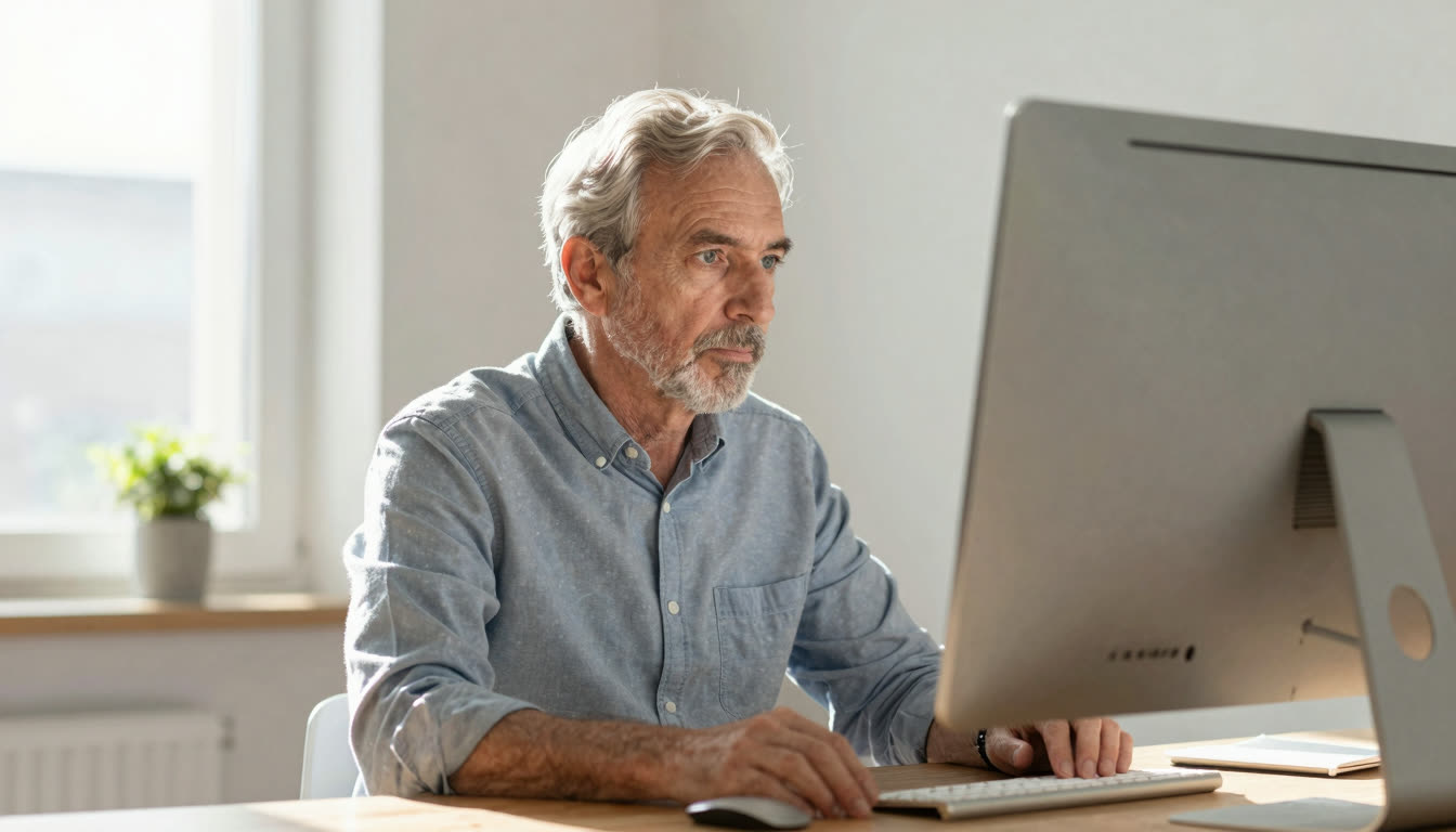 A professional man focusing intensely on a large desktop monitor in a bright, modern home office.