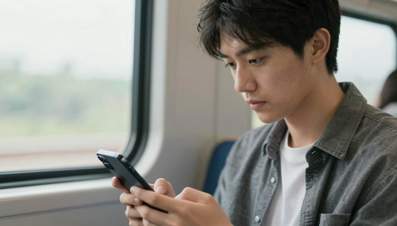 Commuter reading text with bolded letter segments on a smartphone.