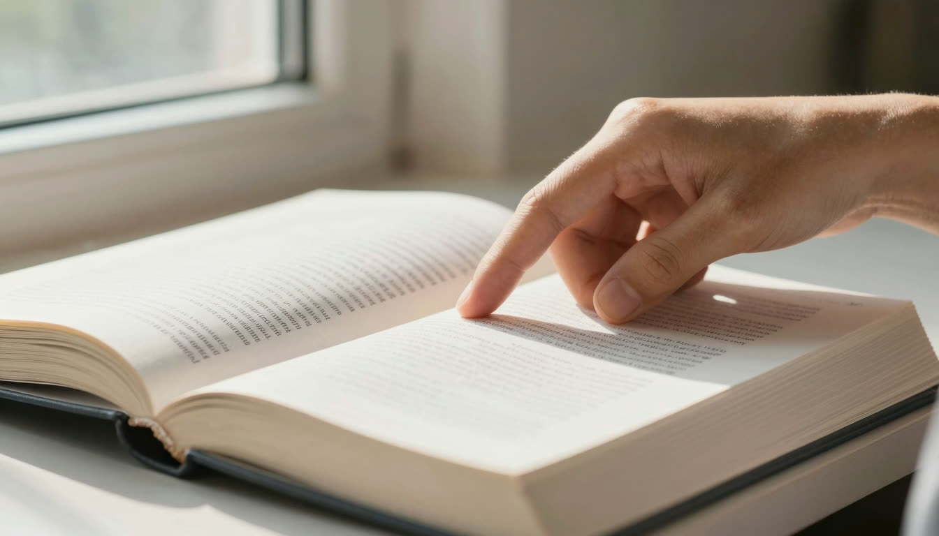 Hand turning a page of a dense academic textbook in soft sunlight.