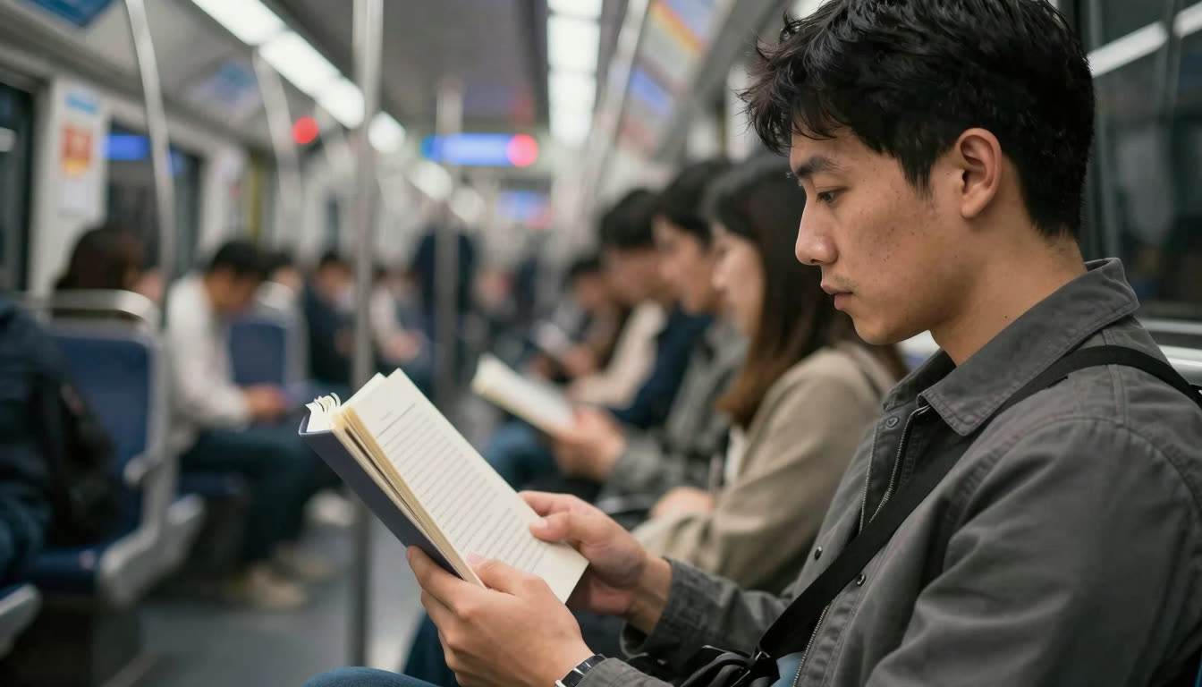 A man reading intently on a moving train with blurred city lights in the background.