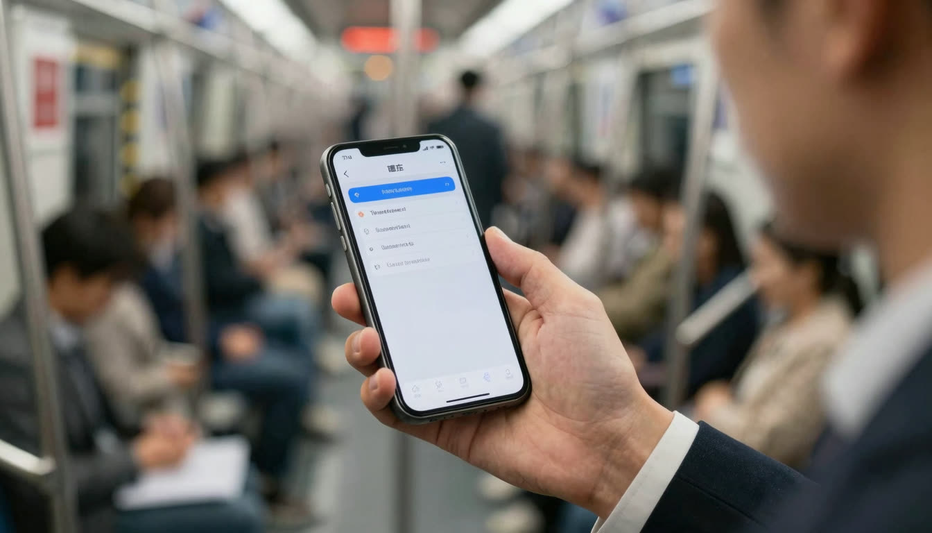 Commuter reading on a phone during a crowded subway ride