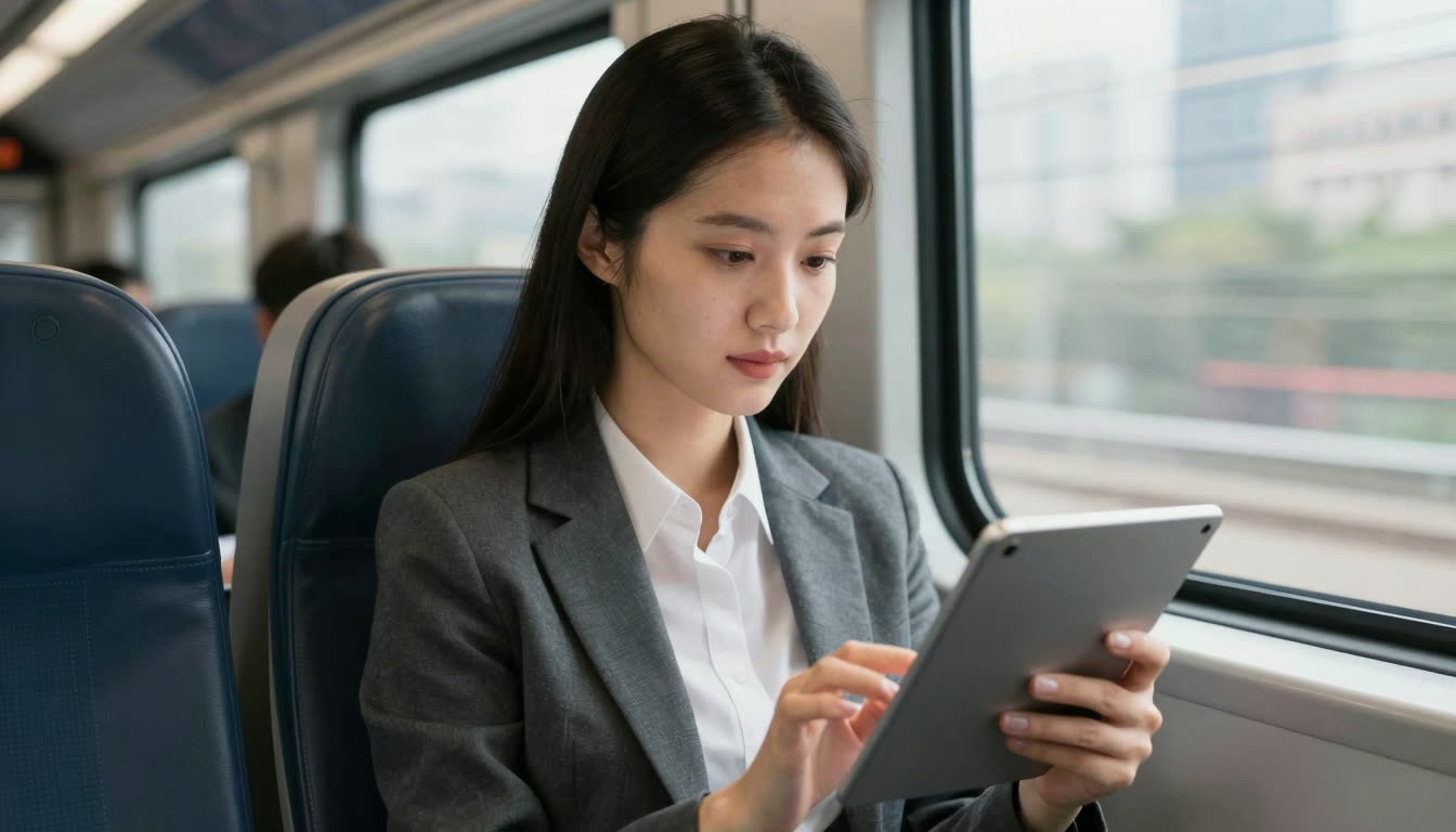 Professional woman intensely reading on a tablet during a morning train commute.