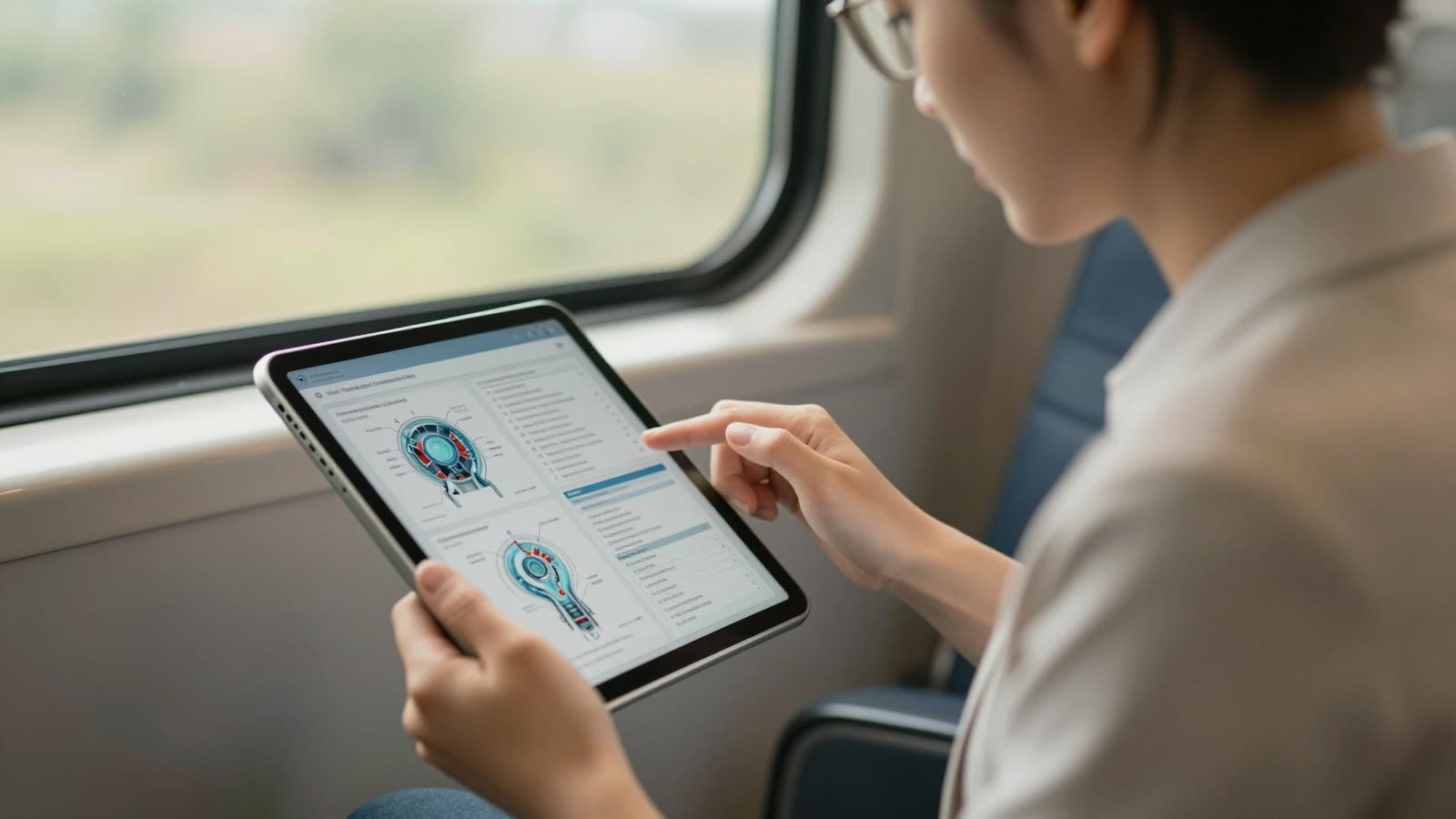 Woman on train reading formatted digital text on a tablet by a window.