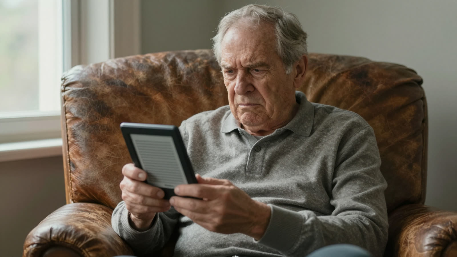 Older adult looking frustrated at an older model Kindle ebook reader.