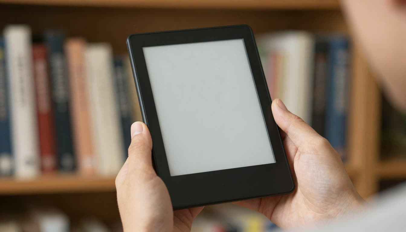 An e-reader held in hand in front of a bookshelf