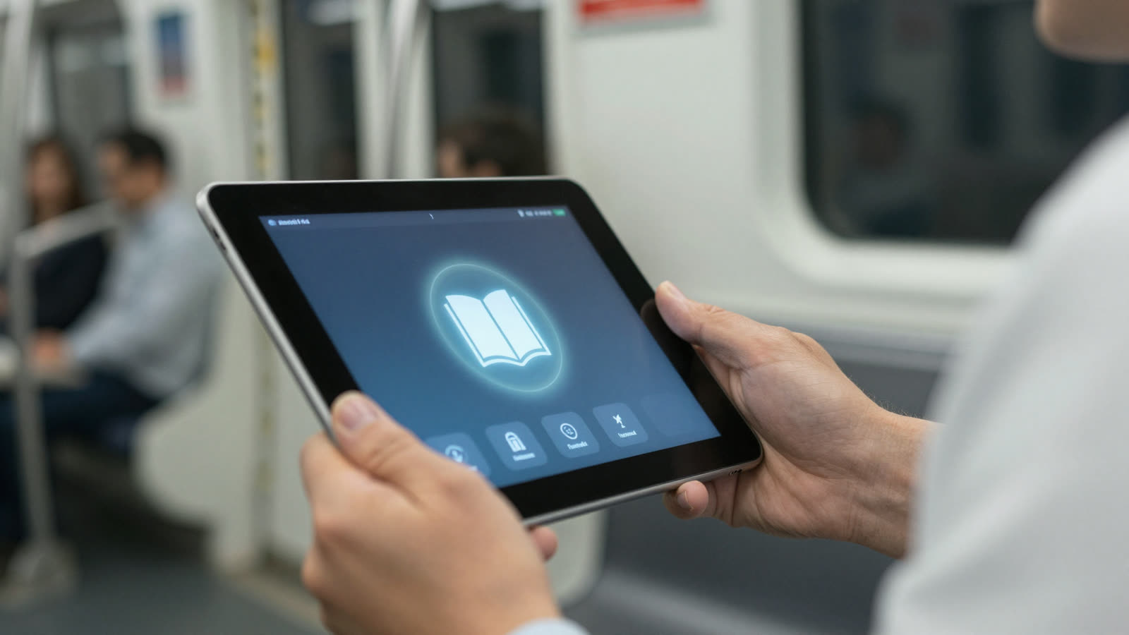 Researcher reading on a tablet while commuting on a city subway train.