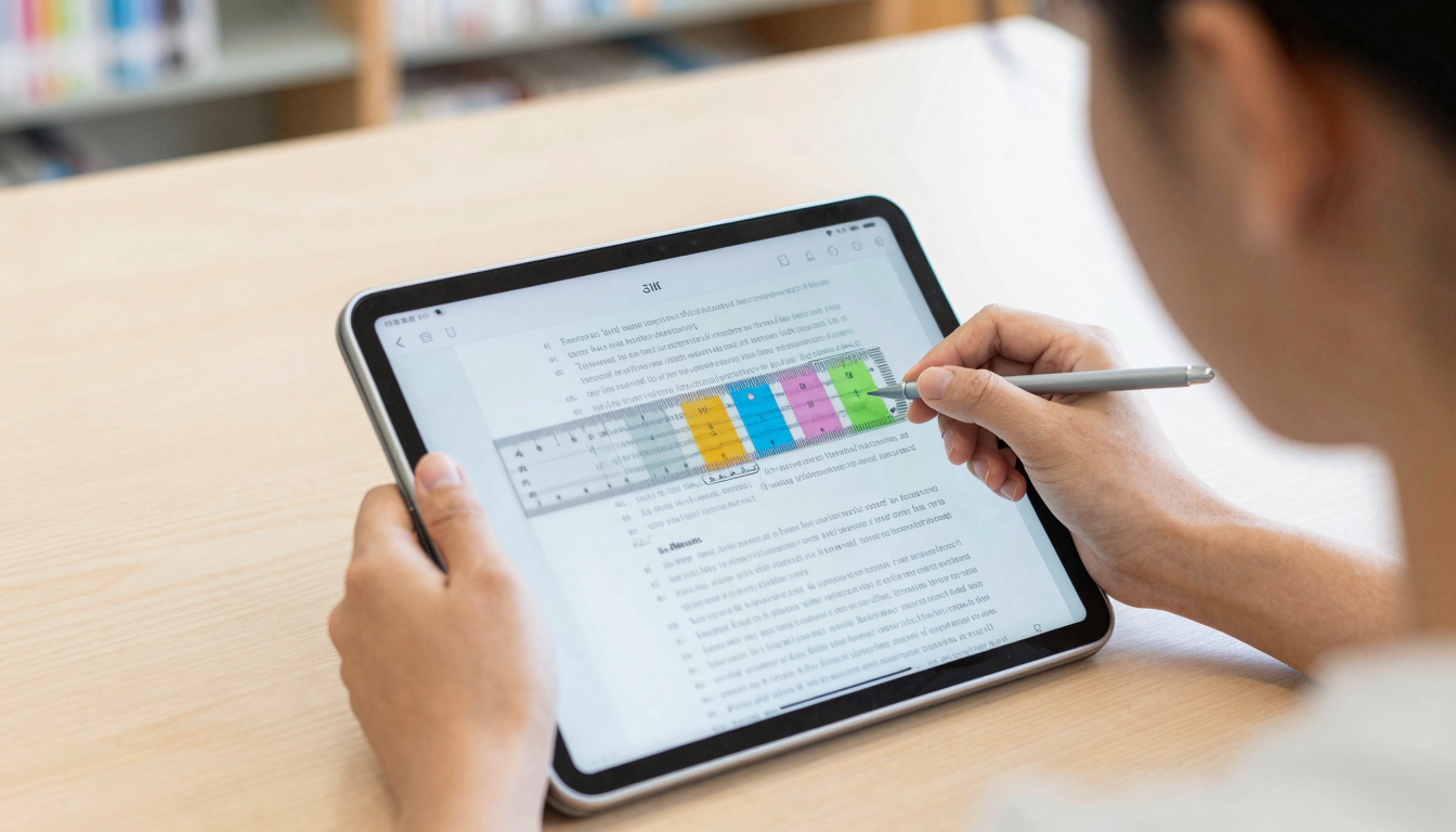 An over-the-shoulder view of someone using a transparent reading ruler on a tablet.