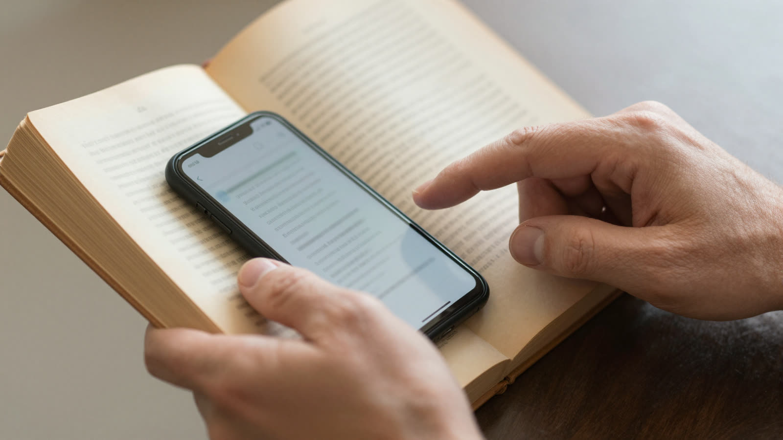 Middle-aged man holding a paper book while distracted by rapid bullet points on phone.