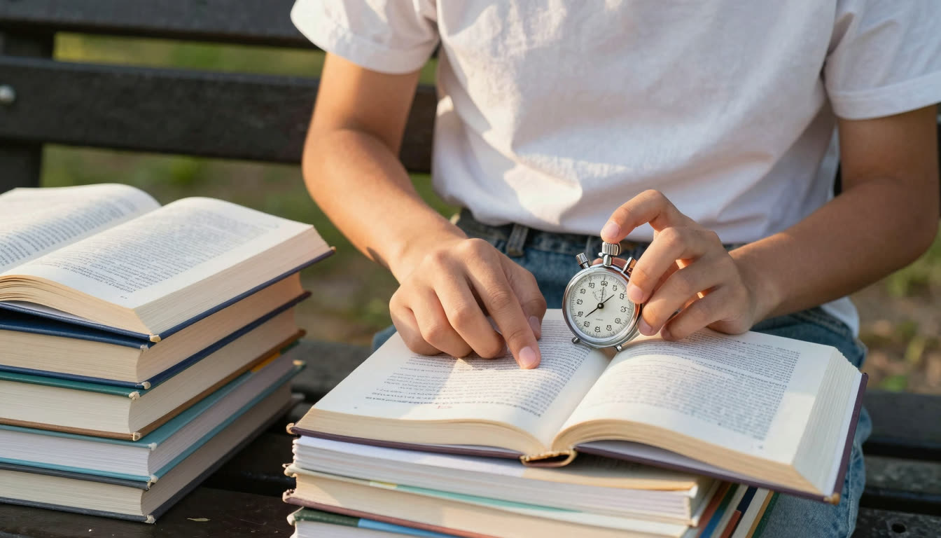 Student reading quickly on a park bench surrounded by many open textbooks.