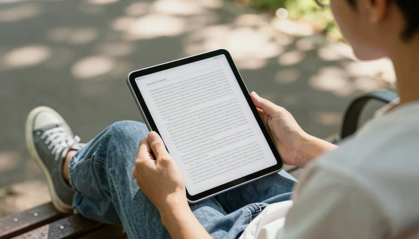 A student reading a digital book on a tablet while sitting on a park bench.