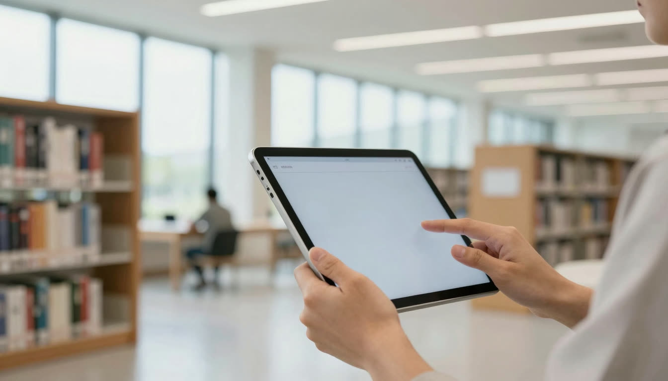 A bright modern library with a person using a tablet