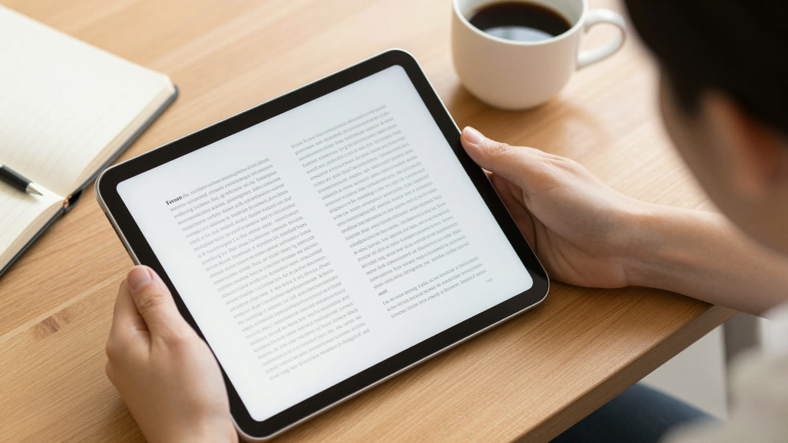 Reading a long document on a tablet at a tidy desk with coffee and a notebook