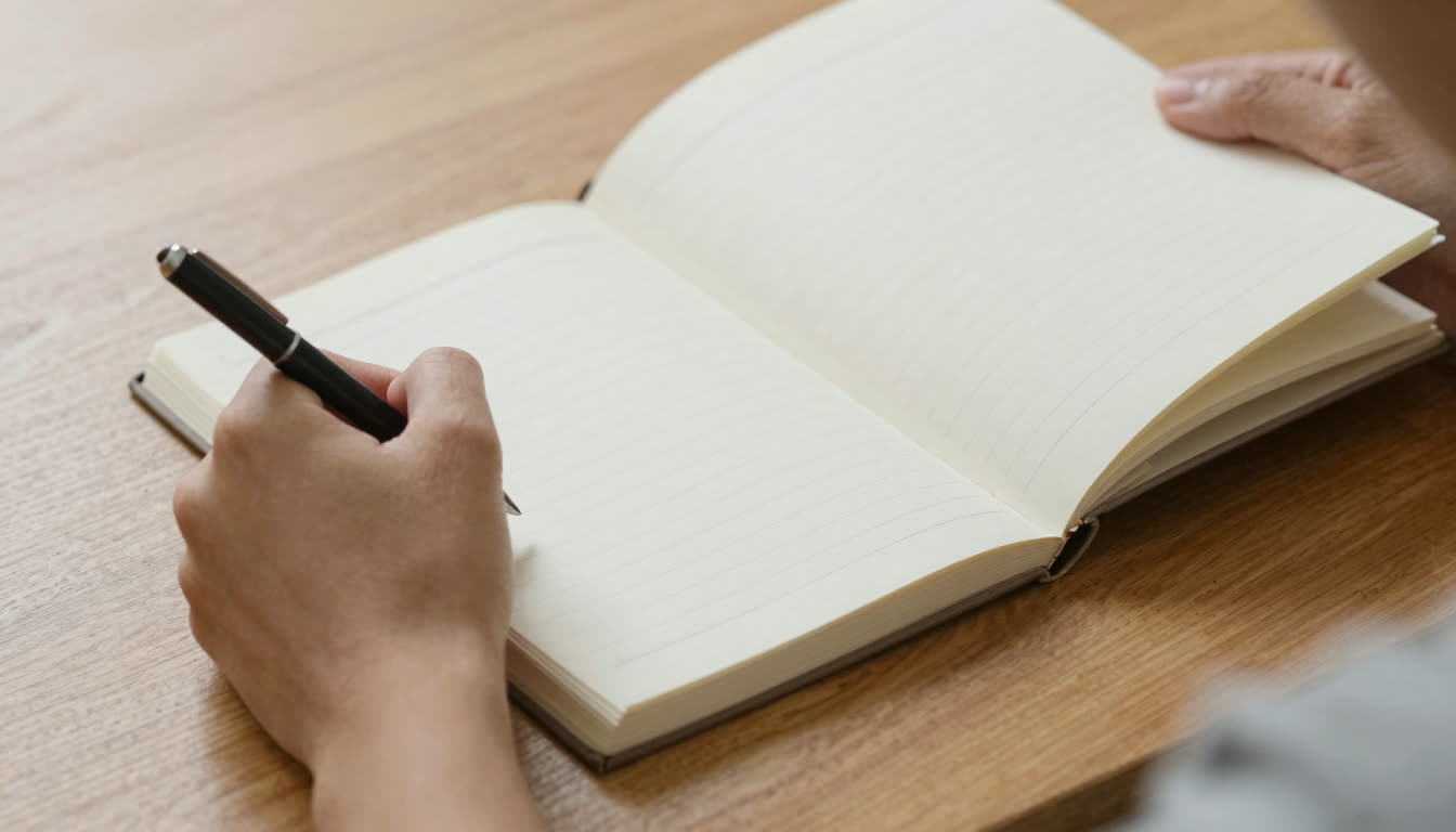 A person taking handwritten notes while reading a book at a table