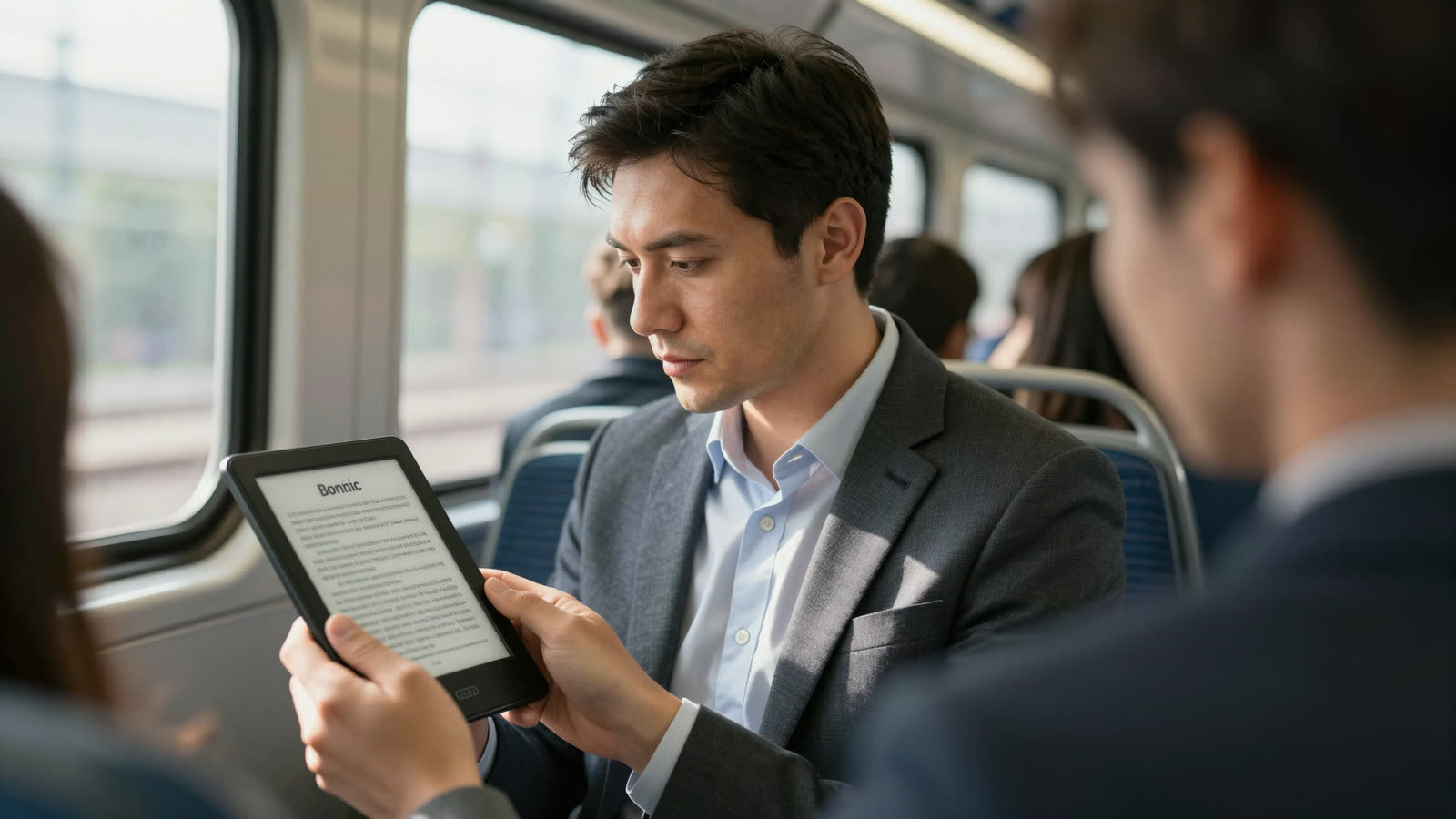 Professional reading a digital device with enhanced text formatting on a city train.