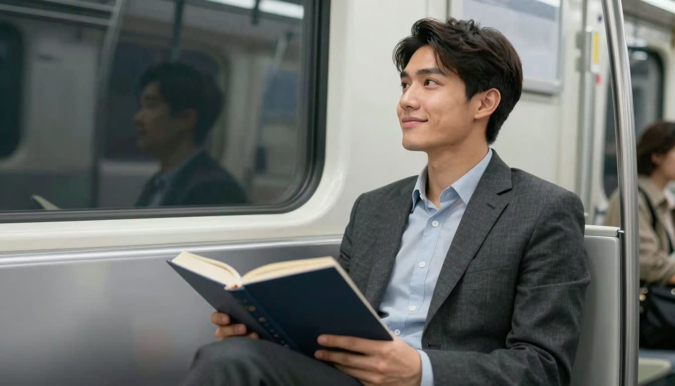 Young professional sitting on a subway train holding a closed book.