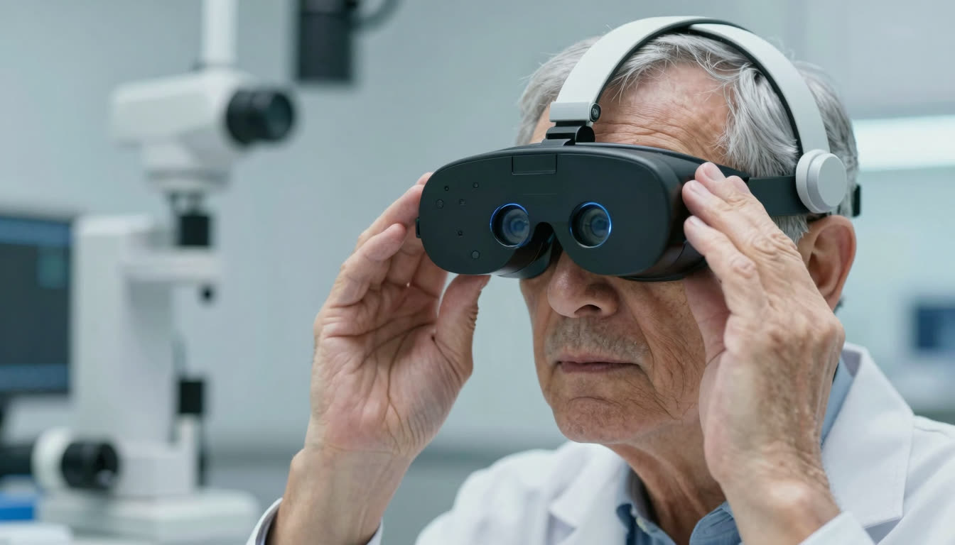 Professional wearing an eye-tracking device while analyzing digital text in a lab.