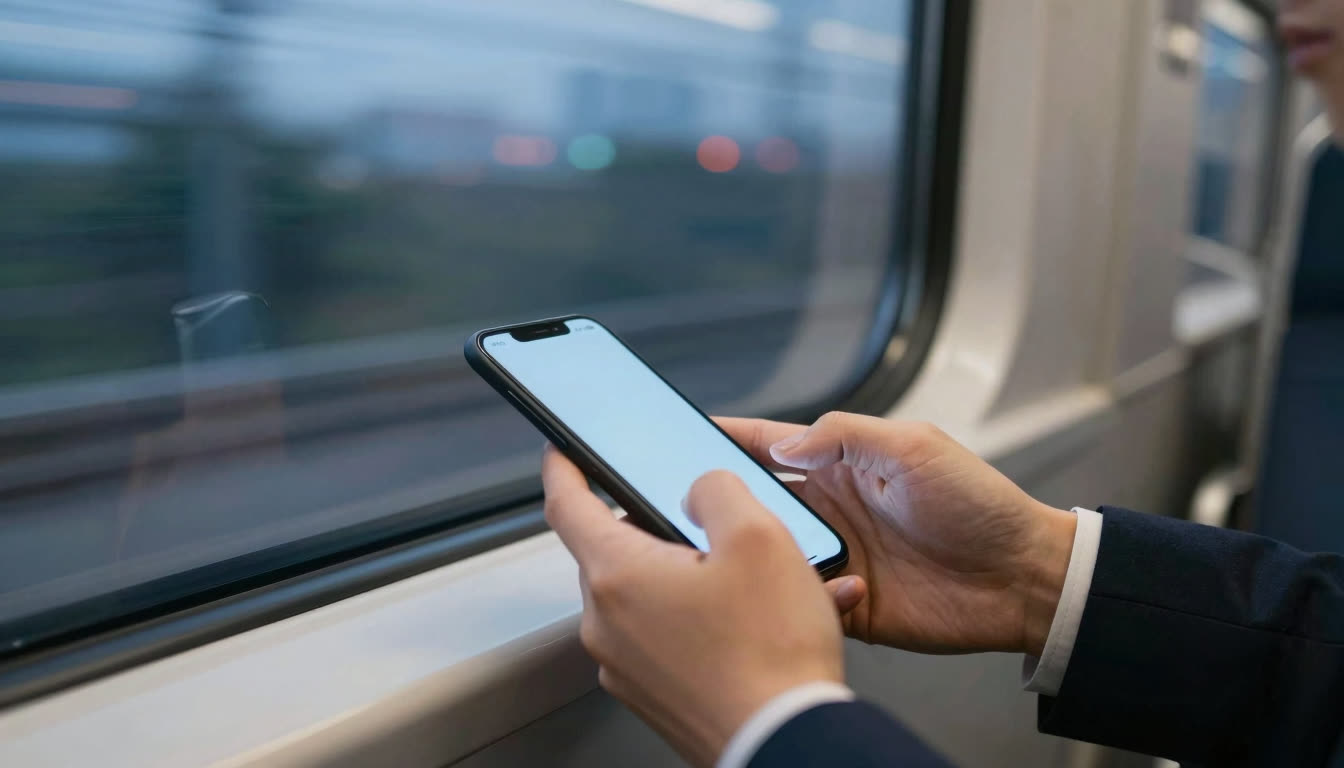 Hands holding a lit smartphone on a train at night with blurred city lights outside.