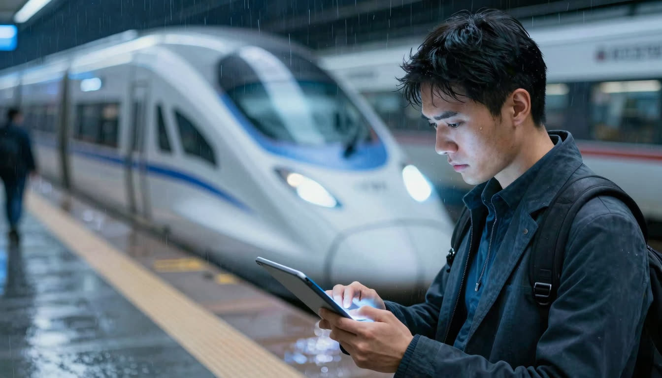 Commuter reading on a tablet on a rainy, motion-blurred train platform.