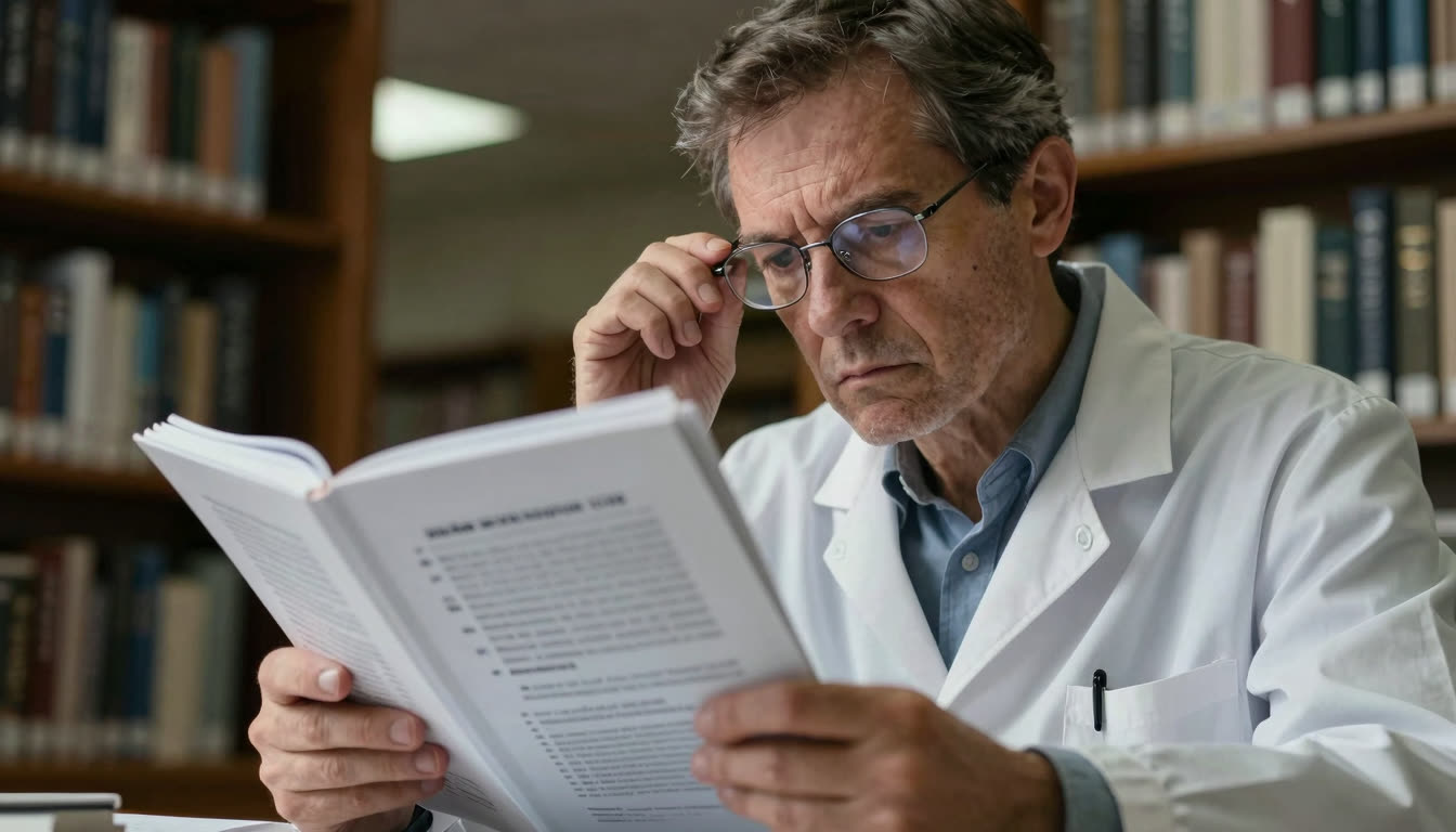Academic researcher focusing intensely on a dense technical manual in a dimly lit library.