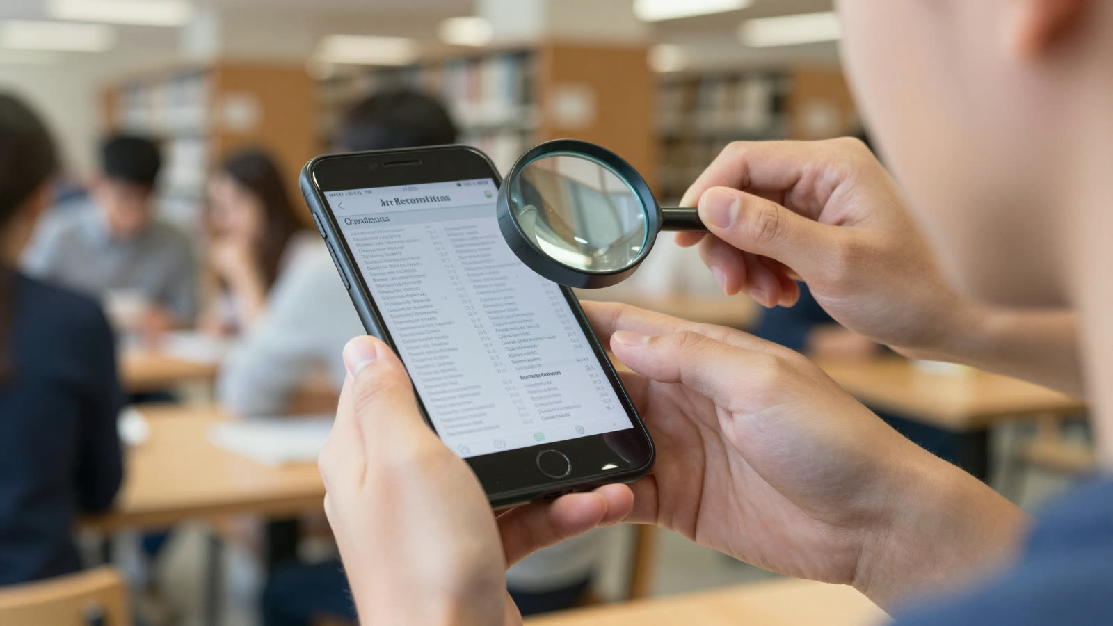 Student photographing a tiny, difficult-to-read menu in a dimly lit library cafe.