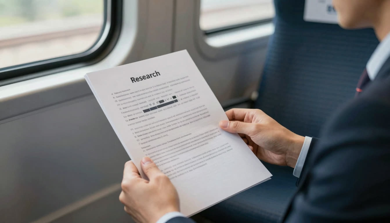 Professional reading a document with bolded character highlights on a train.
